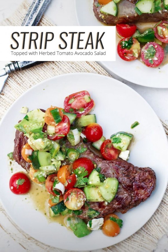 Strip Steak Topped with Herbed Tomato Avocado Salad